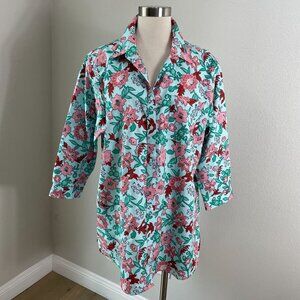 Lands End Womens Plus 18 Floral No Iron 100% Supima Cotton Shirt 3/4 Sleeve Top